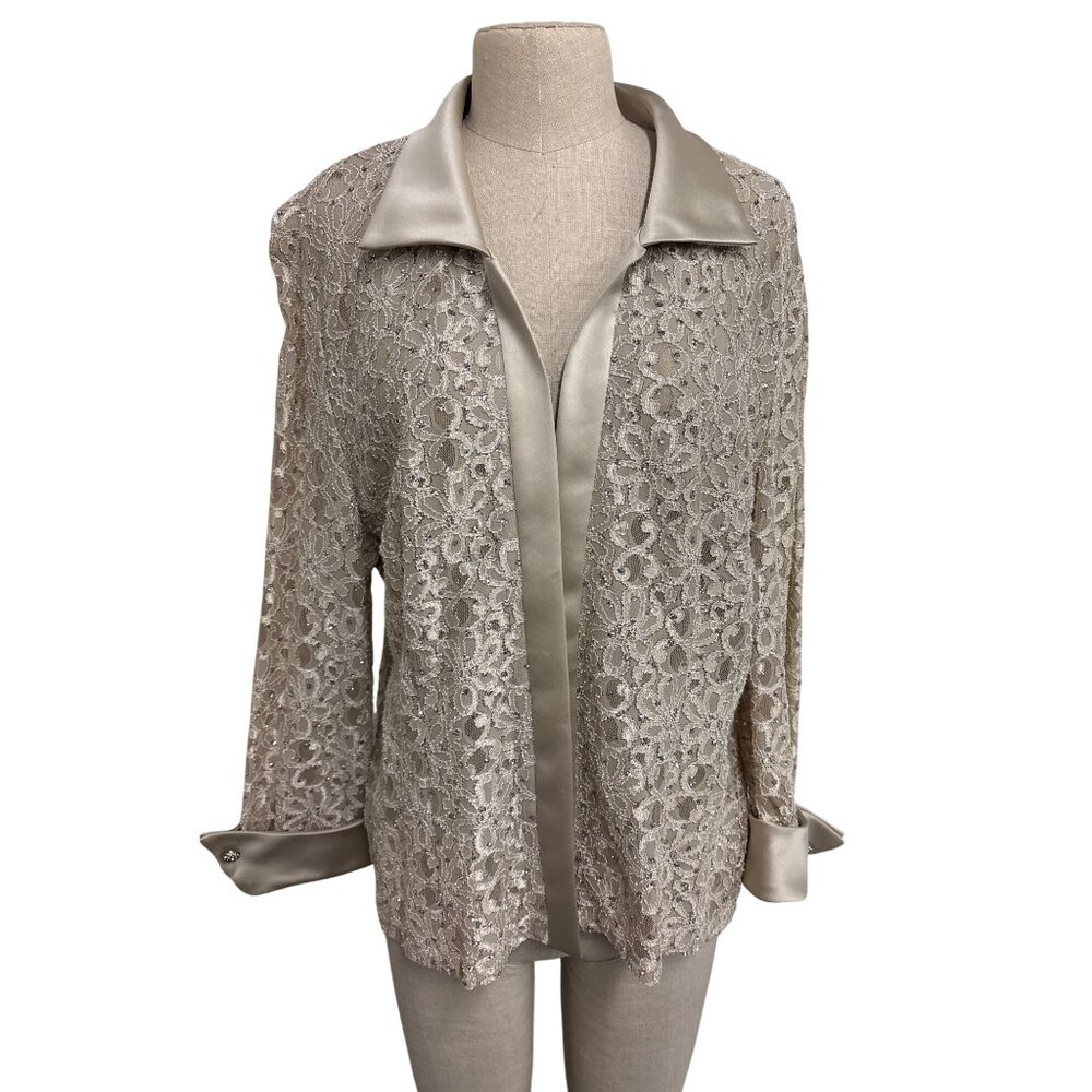 RM Richards Beige Lace Jacket W/Satin Trim Rhinestone Cuff Size 16 Made In USA
